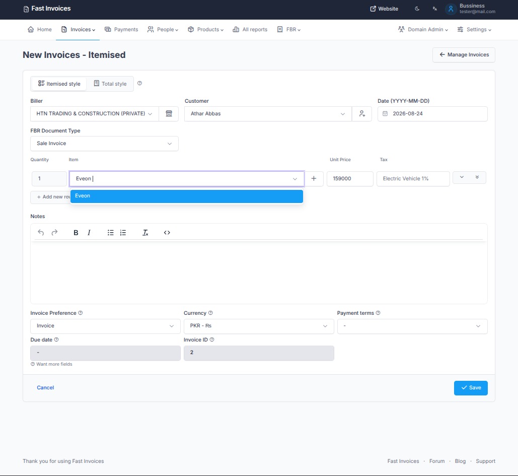 Fast Invoices – creating an invoice with items and HS codes